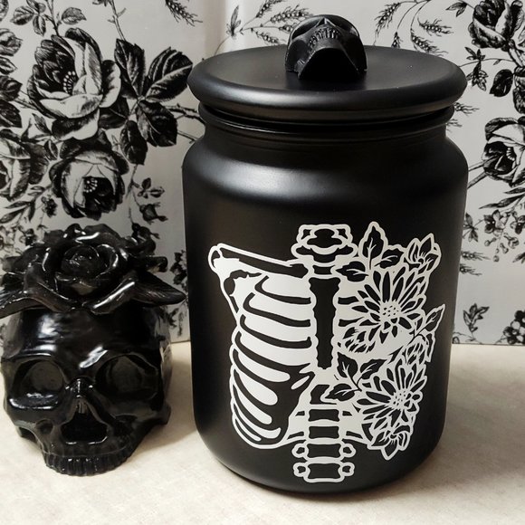 Black Floral Ribcage Glass Cookie Jar/Kitchen Storage Canister || Gothic Decor - Picture 1 of 3